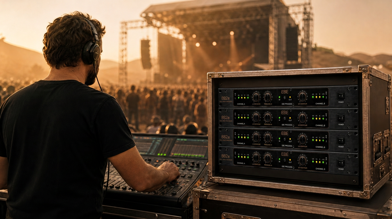 A live sound engineer mixing with a rack of EBE Sonic Processors at an outdoor concert